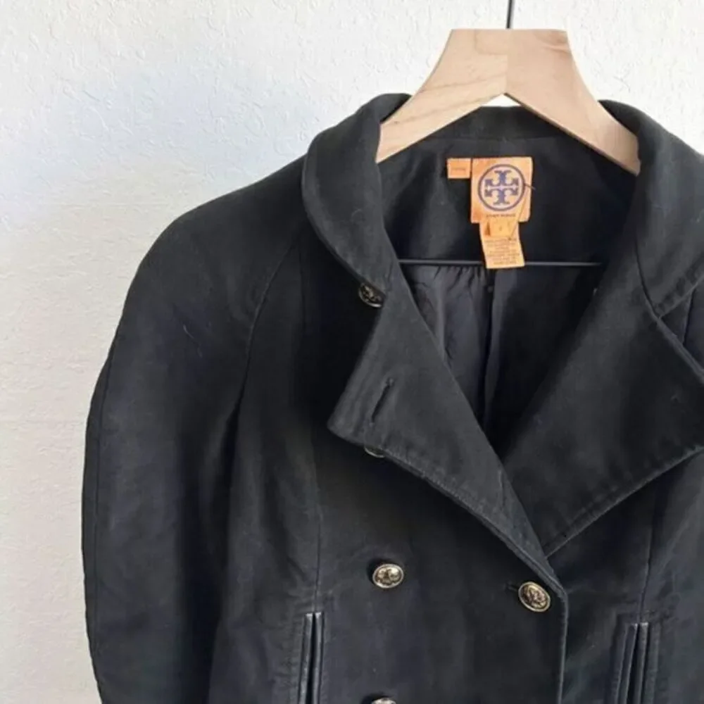 Tory Burch Double Breasted Buckle Accent Leather‎ Trim Military Jacket Black 2
